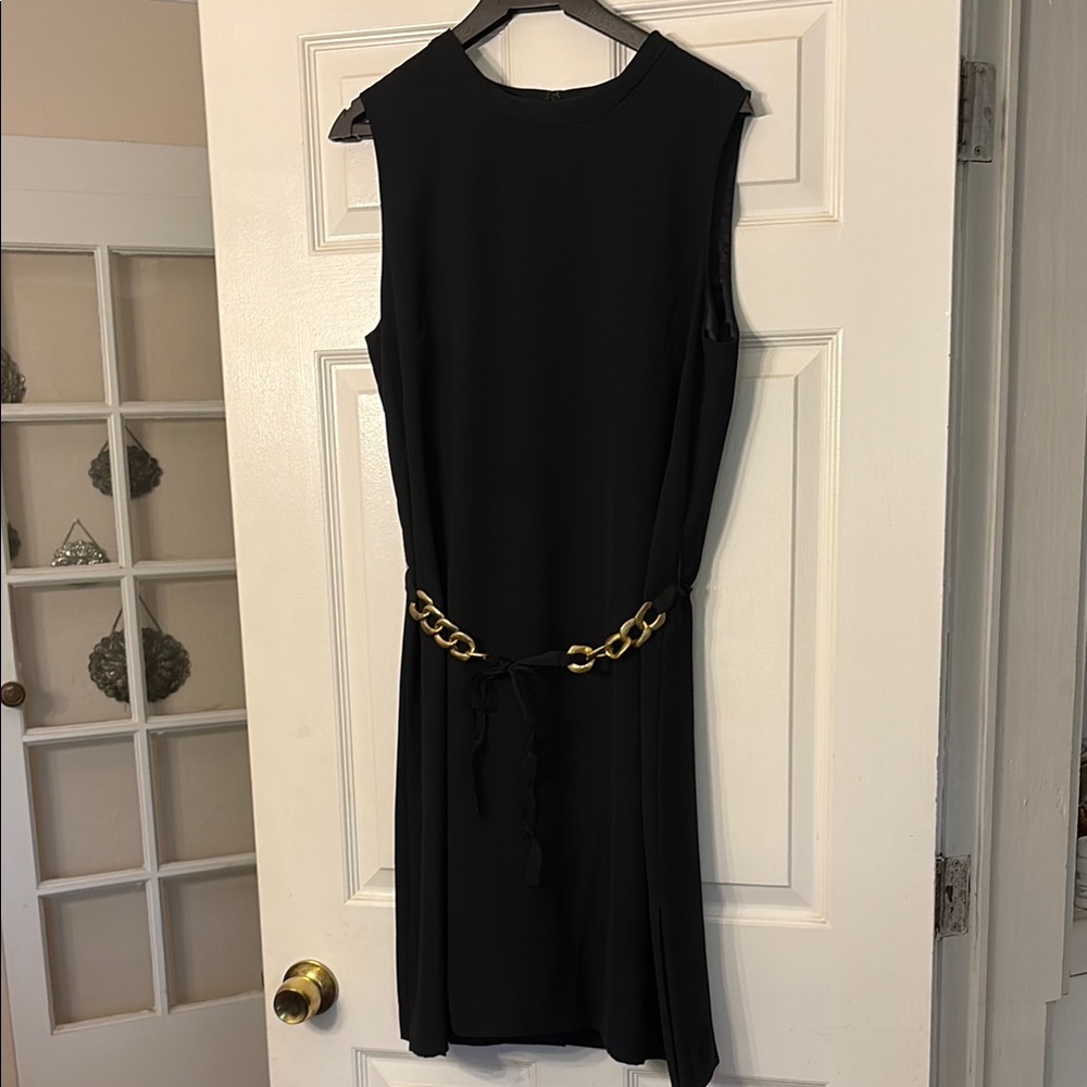 Tahari Black  Midi Dress with gold chain belt and pleates on lower back of dres